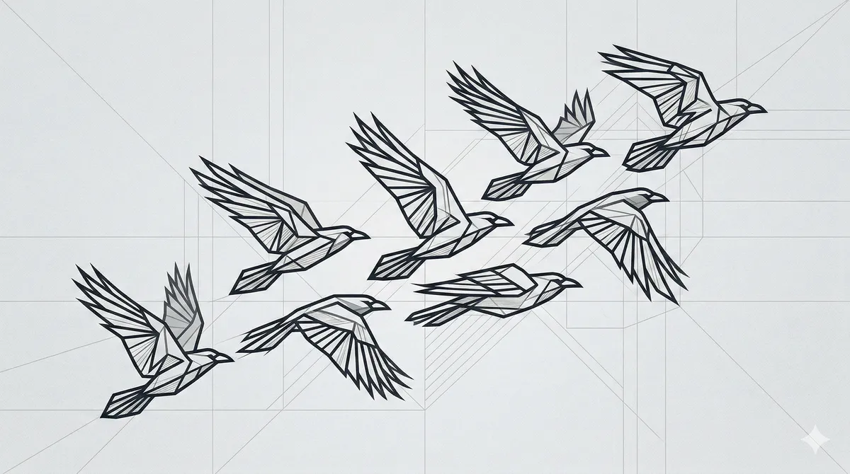 Abstract geometric birds in black and white, representing a connected community of builders