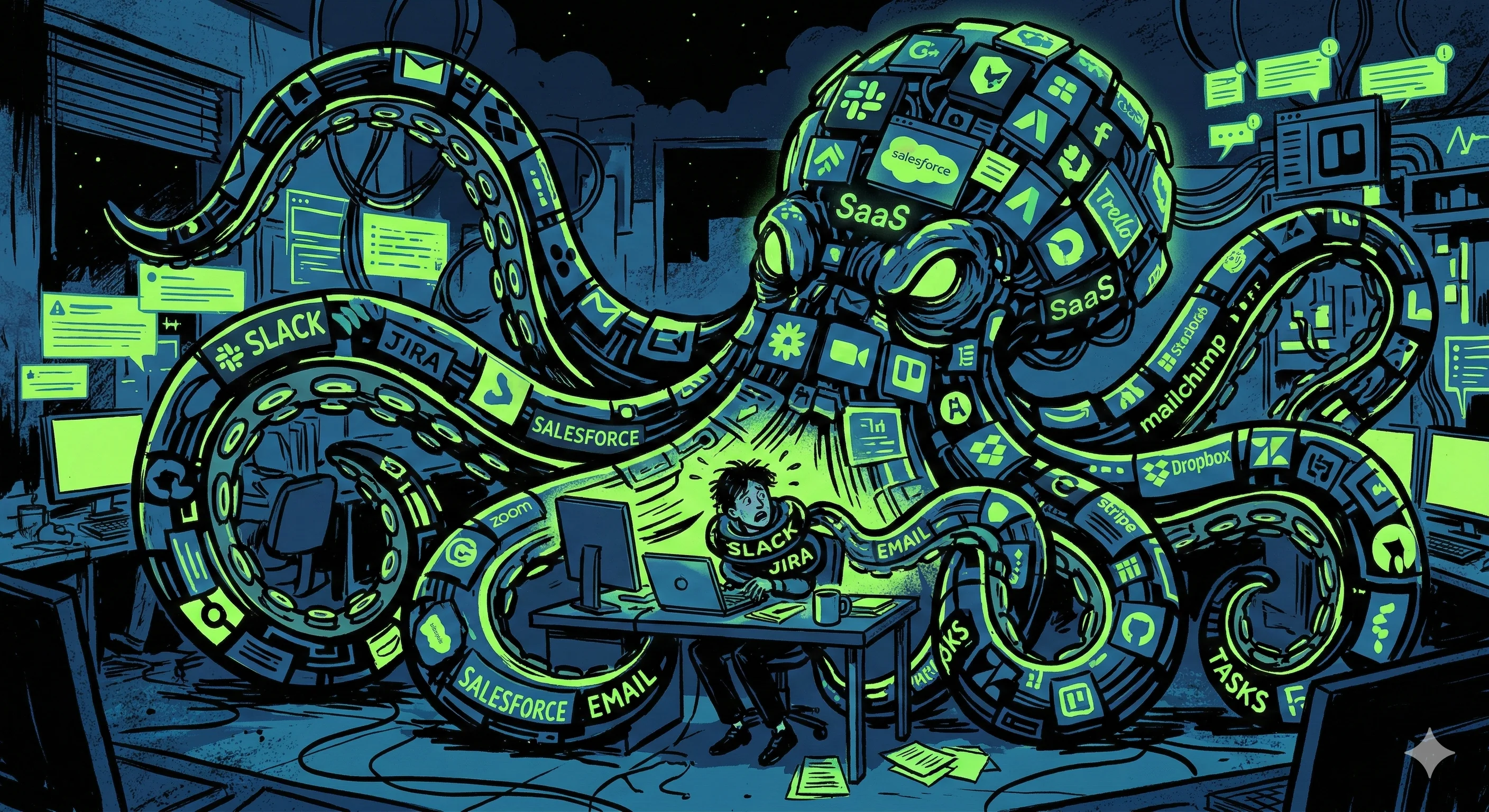 Dark illustration of a giant octopus made of SaaS logos (Salesforce, Slack, Jira) wrapping its tentacles around a small person at a desk — editorial illustration about vendor lock-in