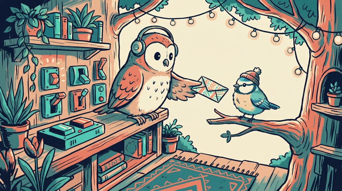 Owl with headphones in a cozy treehouse control room passing a note to a tiny bird, whimsical editorial illustration