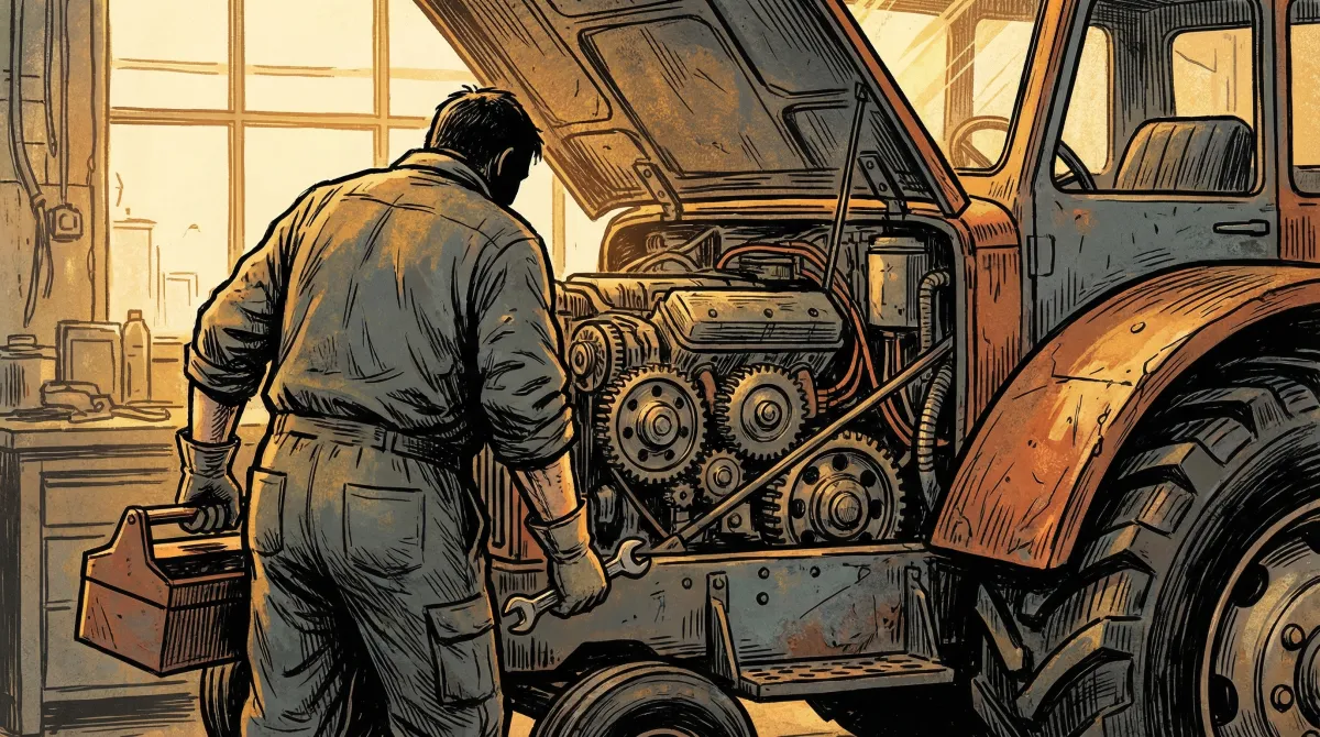 Mechanic looking under the hood of a truck at exposed engine gears in a warm workshop