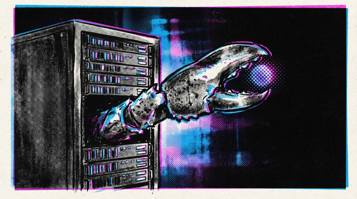 Server rack with lobster claw emerging, holding glowing orb